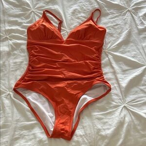 Women's Bright Orange V-Neck Adjustable Straps Ruched Sides One-Piece Swimsuit S